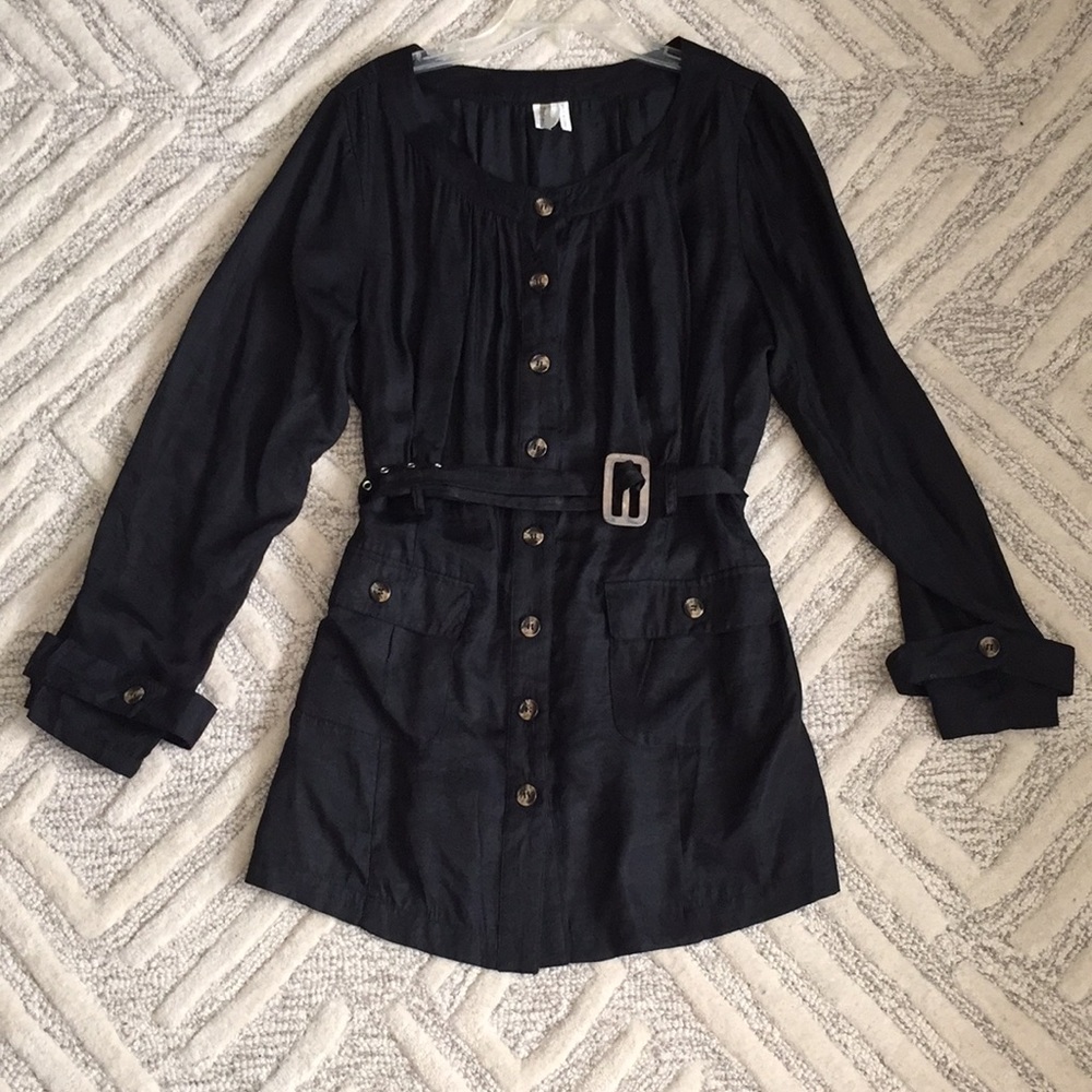 Black tunic length top with buttons and belt